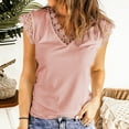thumbnail image 2 of Womens Summer Ribbed Tops Crochet Lace Trim V Neck Cap Sleeves Tunic Tee Tops Fitted Floral Print/Solid T Shirts Blouses, 2 of 7