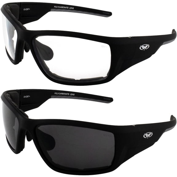 Global Vision Eyewear Kinetic Foam Padded Motorcycle Safety Sunglasses 2 Pair Soft Touch Black Frames Smoke & Clear Lenses