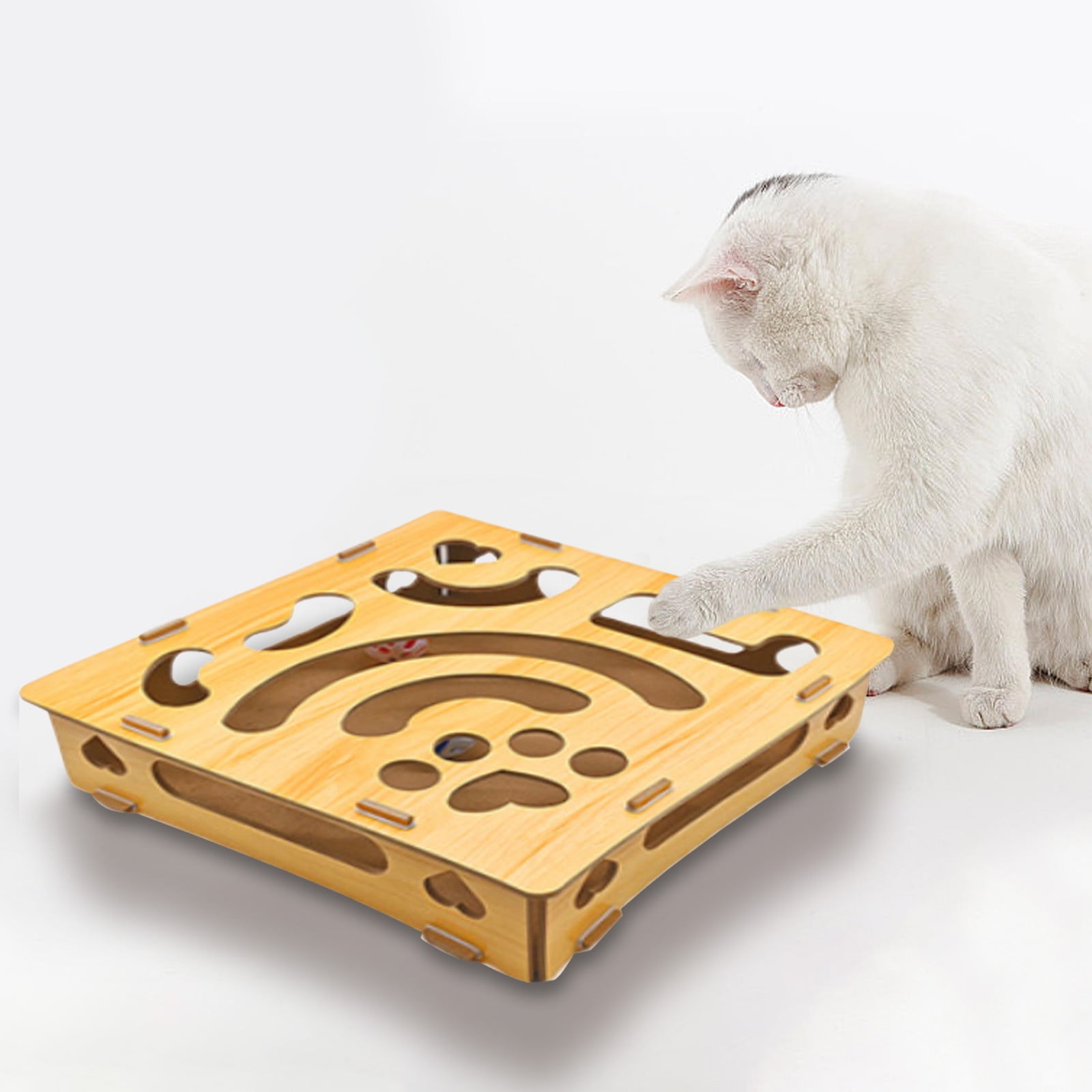 COM1950s Interactive Cat Puzzle Toy， Wooden Treat Maze Box and Brain Teaser， Engaging Puzzle Feeder for Indoor Cats， Wooden Maze Challenge