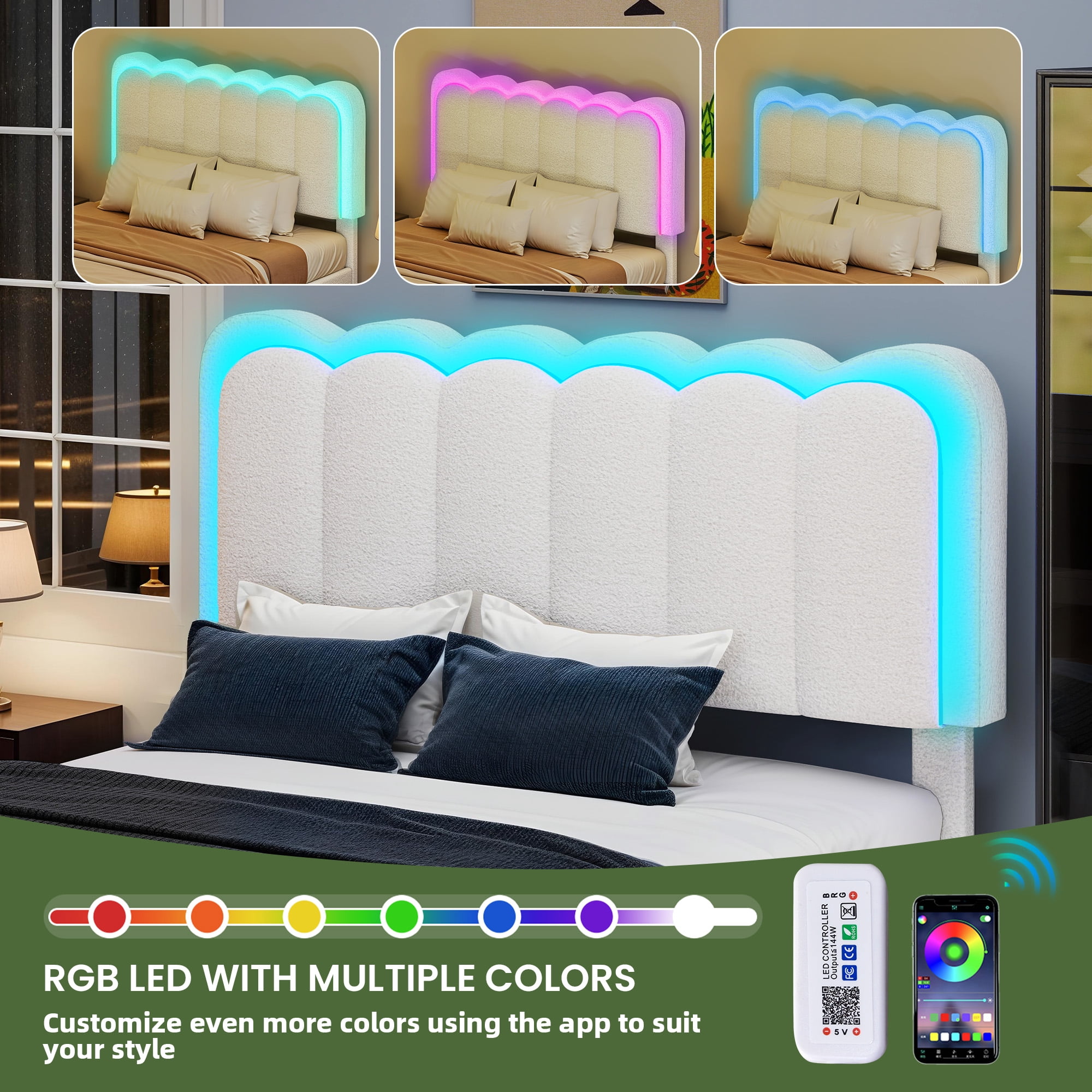 Uforic Queen Size Upholstered Bed Frame with Charging Station & Drawer, Storage Bed Frame with LED Lights & Adjustable Headboard, White
