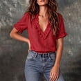 thumbnail image 5 of WGRFFH Women Cotton Linen Blouse Top,Solid Vintage Boho V Neck Short Sleeve Shirt with Ruffle Pleated Trim Neckline,Loose Fit Cute Casual Fashion Shirts for Summer Fall Work Daily Outfits Wine, 5 of 5