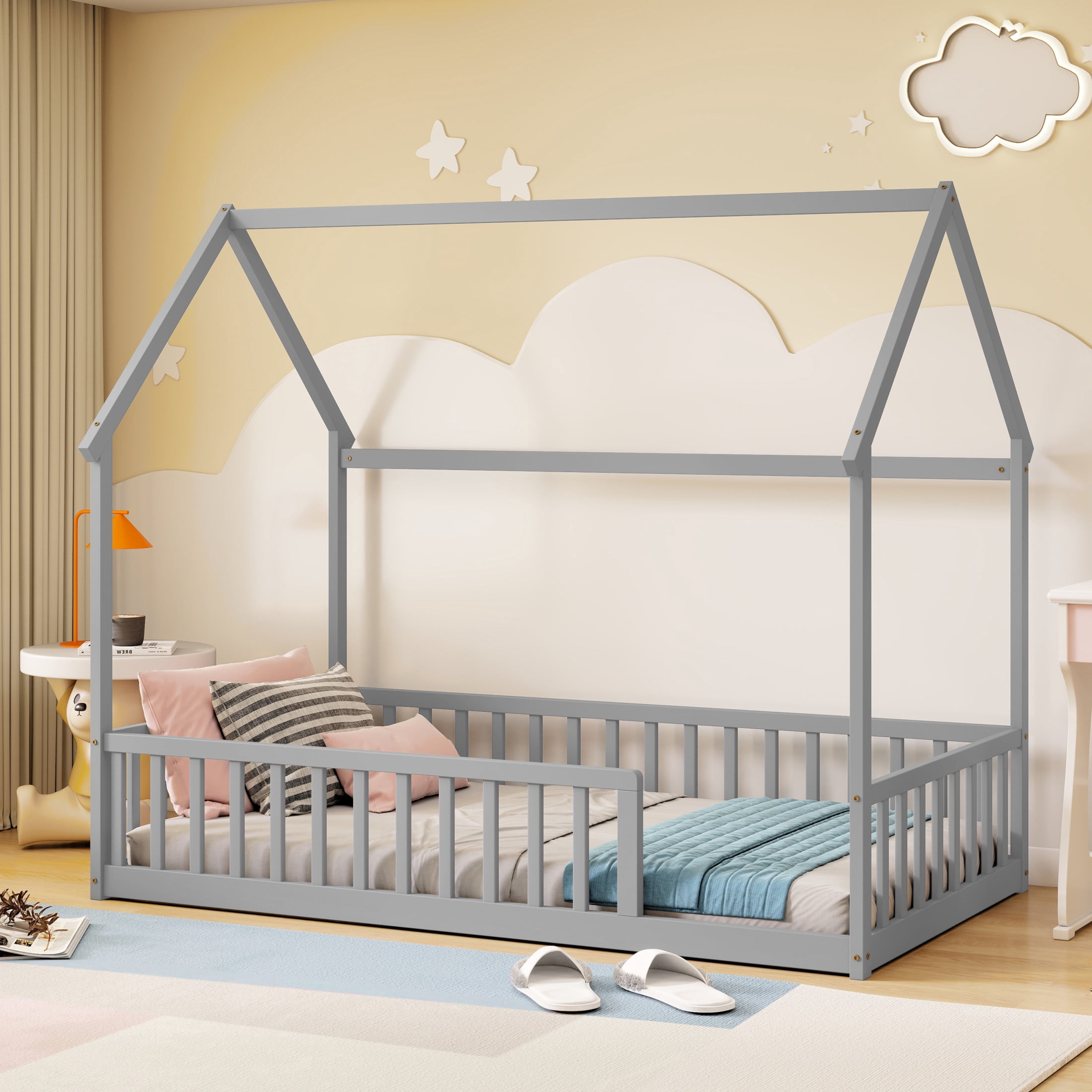 Noble House Morde Twin Size House Floor Bed with Gable Roof Frame & Safety Guardrails, Pine Wooden Bed Frame, Grey