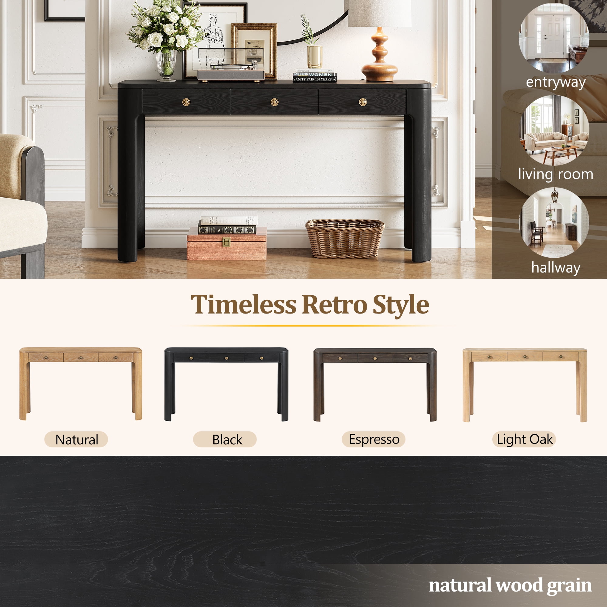 Aukfa 52" Console Table with Curved Corners, 3 Drawers & Thick Legs, Entryway Table for Living Room & Hallway, Black