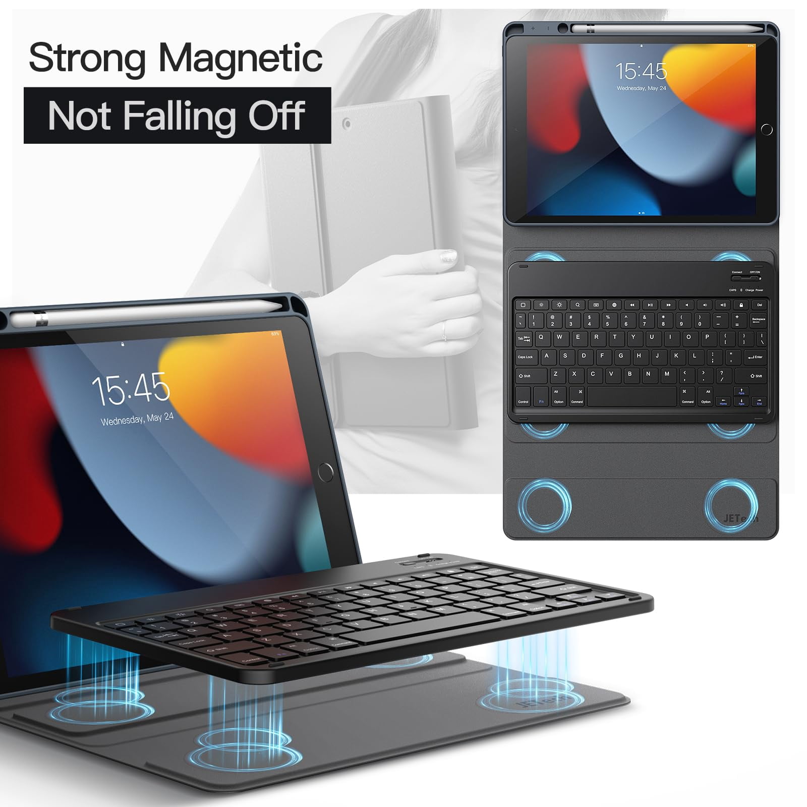 JETech Keyboard Case for iPad 10.2-Inch (2021/2020/2019 Model, 9th/8th/7th Generation) with Pencil Holder, Magnetic Detachable Bluetooth Wireless Keyboard, Soft TPU Back Stand Cover (Space Gray)