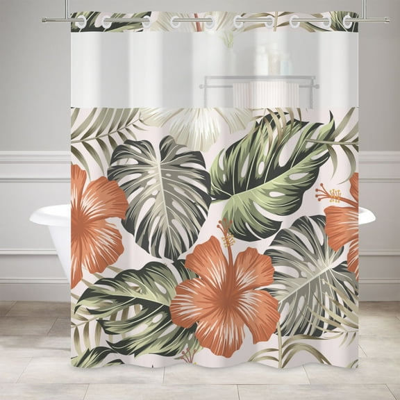 Mizhona Tropical Leaves No Hook Shower Curtains with Snap in Liner，Hookless Waterproof Bath Curtain,71"× 74"