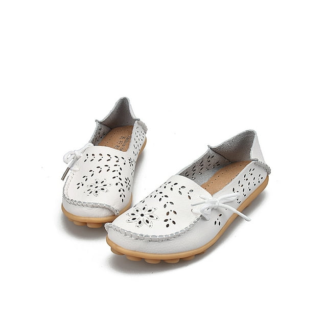 UKAP Mocassins Décontractés en Cuir pour Femmes, Bout Rond, Chaussures Bateau, à Enfiler, Blanc 4.5