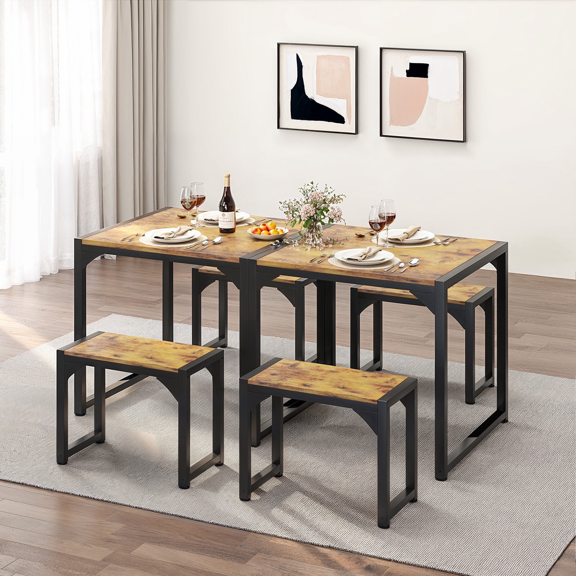 Dining Table Set for 2,Lofka Dining Room Set with Hardwood Kitchen Table,2 Benches for Kitchen Room,Breakfast Time,Apartment,Saving Small Space,Retro Brown