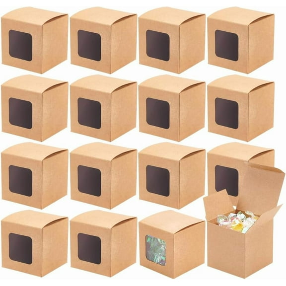 30 Pack BurlyWood Kraft Paper Gift Boxes with Clear Window Rustic-Modern Style Square Gift Boxes 6x6x8cm/2.3x2.3x3.1 inch Perfect for Weddings Birthdays Graduation