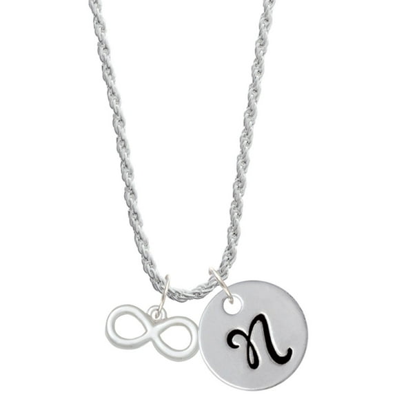 Delight Jewelry Silvertone Medium Infinity Sign Silvertone Script Initial Disc - N - Charm Necklace, 20"+3"