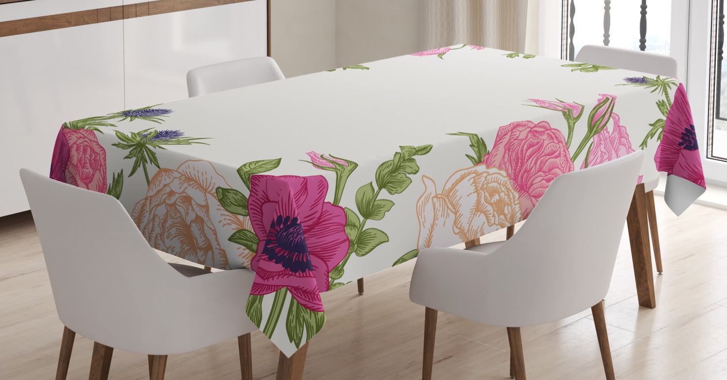 Pink Green Apricot Ambesonne Anemone Flower Tablecloth Dining Room Kitchen Rectangular Table Cover Pink Rose and Anemone Flowers Frame Lively Bridal Wedding Design 52 X 70