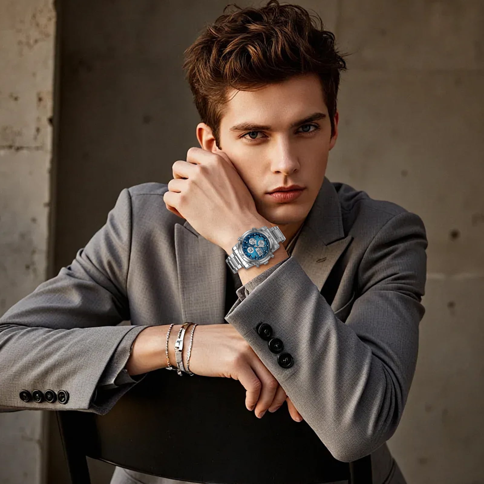 SKMEI Mens Wrist Watch, Waterproof Military Analog Digital Watches with LED Multi Time Chronograph, Stainless Steel Business Quartz Watches for Men