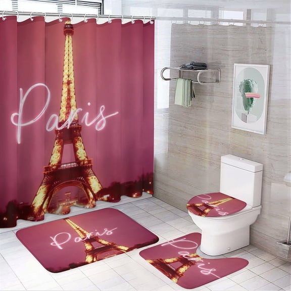 Paris Eiffel Tower Night Shower Curtain Sets Non-Slip Rugs Bath Mat Toilet Cover U Shaped Mat 4 Pcs
