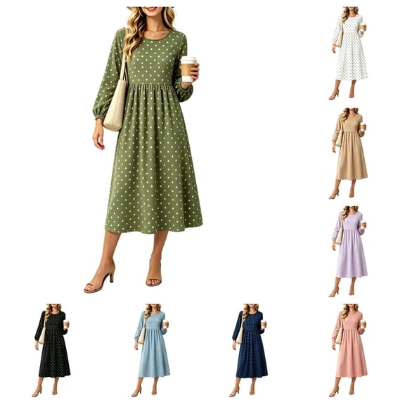 SAWOBUUN Womens Long Sleeve Dresses High Waist Crewneck Polka Dot A-Line Casual Midi Tshirt Dress with Pockets