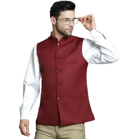 Maple Clothing Nehru Jacket Men's Traditional Sleeveless India Modi Waistcoat Vest Guest Outfit (Maroon, S)