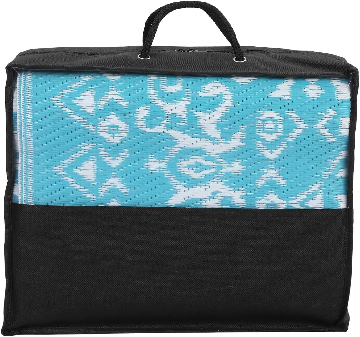 Riedhoff Outdoor Rug 10' X 8', Reversible, Foldable, Light Blue & White Patterned