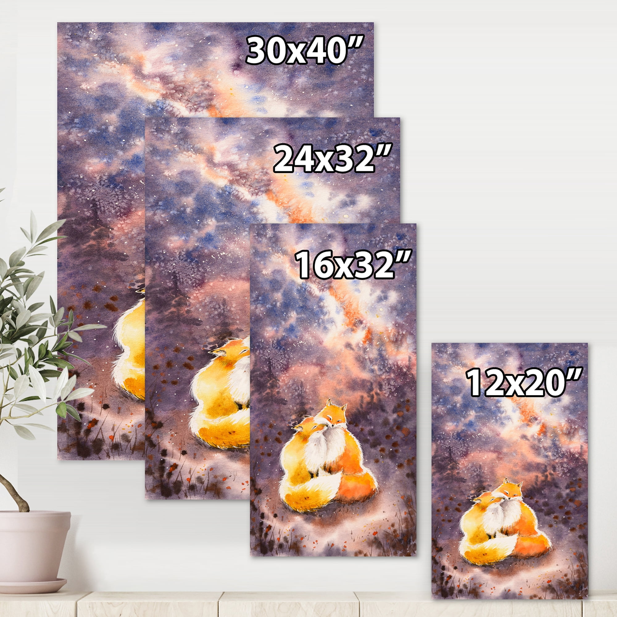 Designart ' Foxes Over A Night Sky Hugging ' Children's Art Canvas Wall Art Print