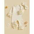 thumbnail image 3 of Nygoyerh Newborn Girls Fall Romper Solid Color Ribbed Ruffled Long Sleeve Crew Neck Full Length Jumpsuit with Bow Headband Sets 0M 3M 6M 9M, 3 of 7