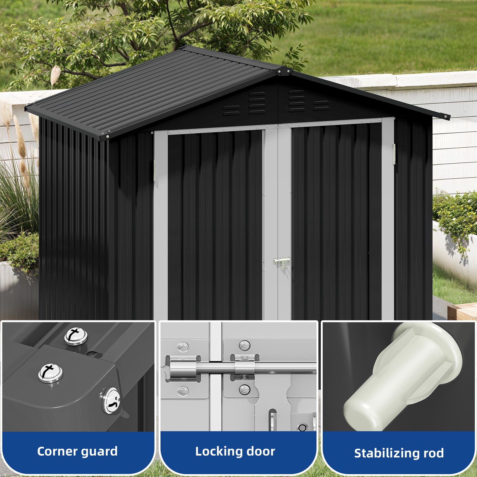 Uforic 6 Ft x 4 Ft Outdoor Tool Shed with Air Vents & Lockable Doors for Bikes & Tools, Dark Gray