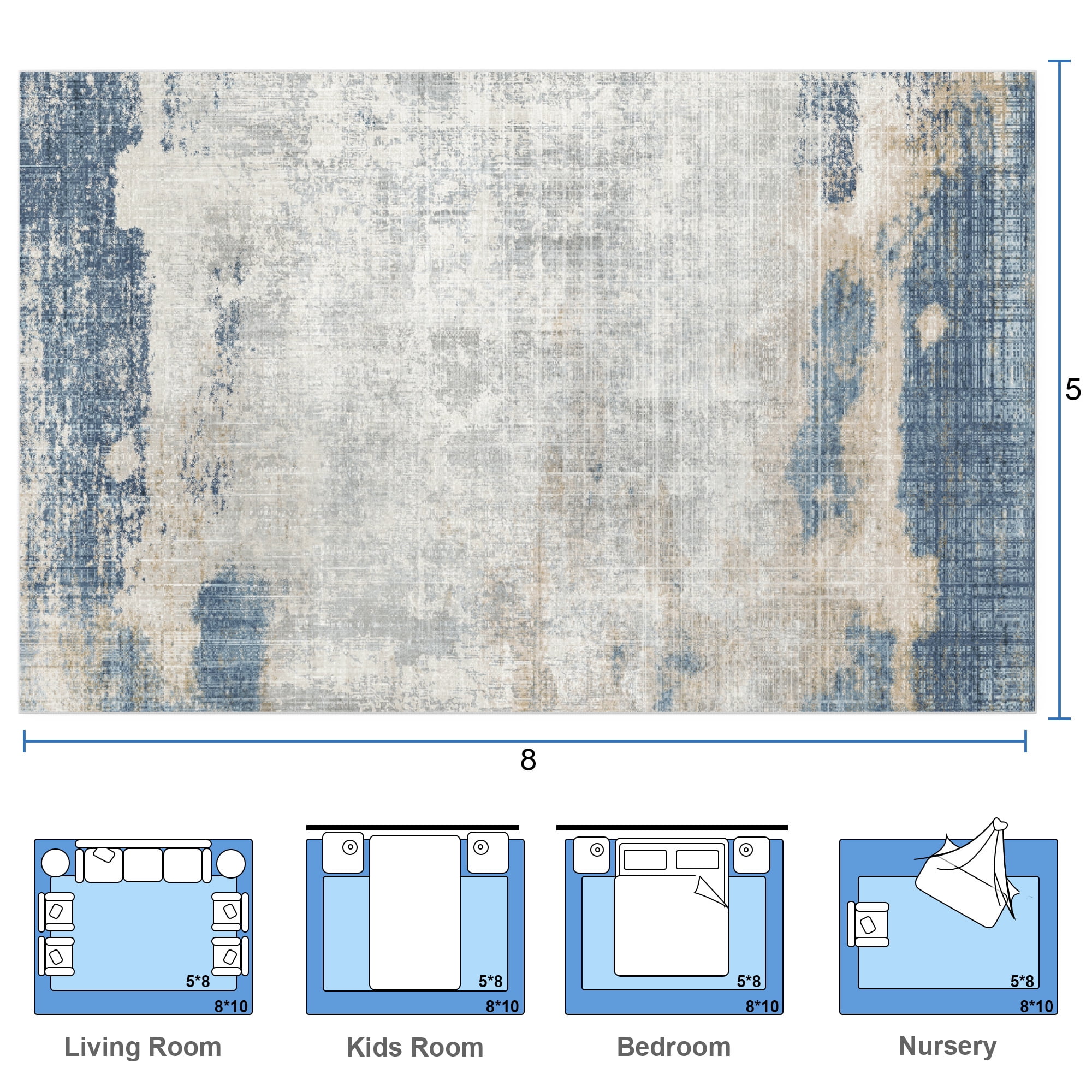 Nefoso 5ft x 8ft Area Rugs, Washable Area Rugs for Living Room Bedroom Home Decor, Non-Slip Carpet, Modern Abstract, Blue & Beige