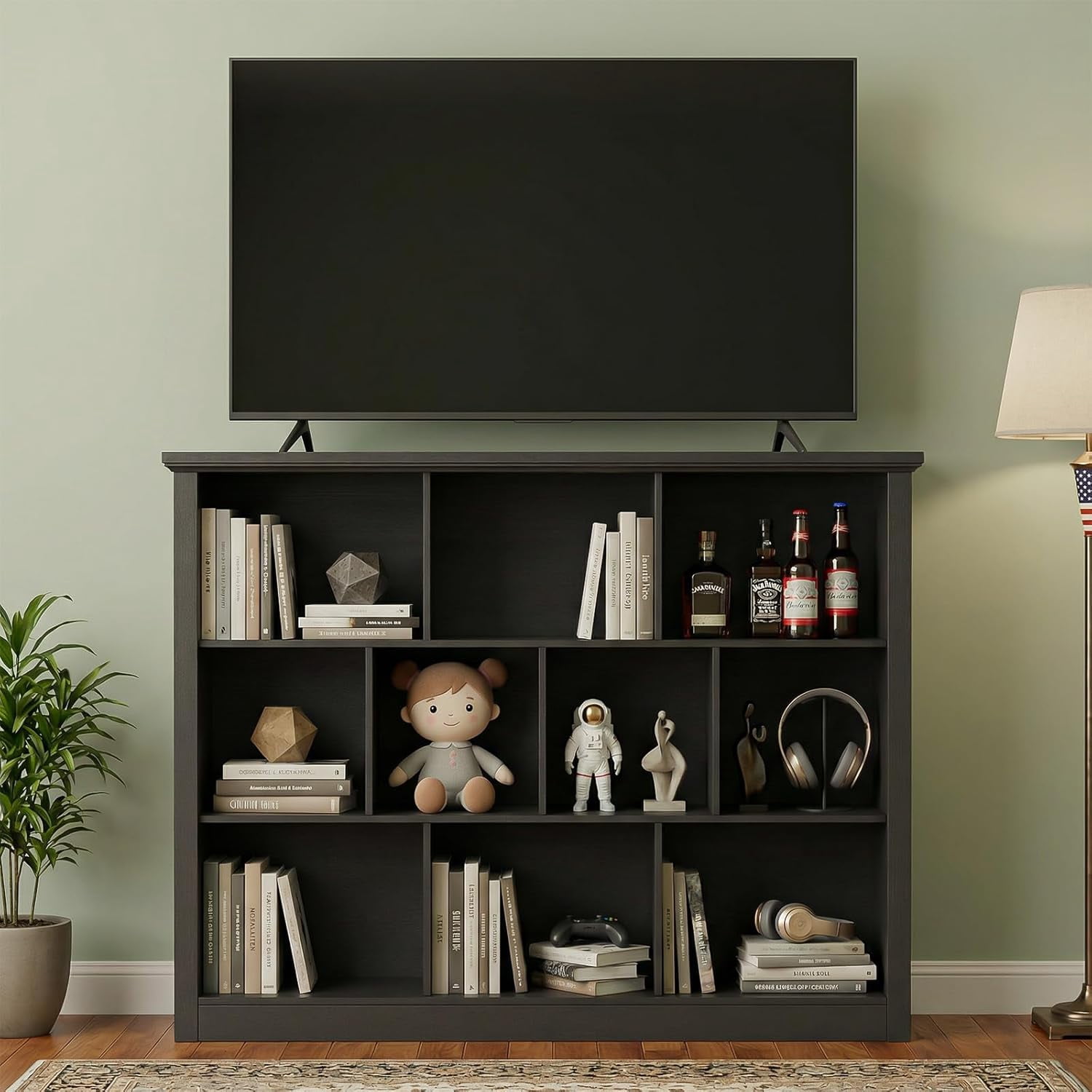 Homieasy 50" Wood Cube Storage Organizer, 10 Cube Storage Book Shelf, Wooden 3 Tiers Floor Standing Low Bookcase for Living Room, Bedroom, Home Office, Kids Room, Black