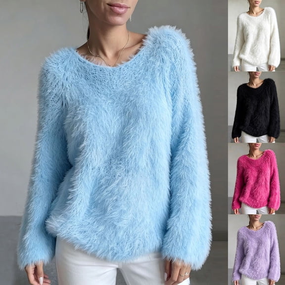yillto Womens Fall Winter Sweater Fuzzy Knit Long Sleeve Warm Tops Thick Oversized Pullover Sweaters