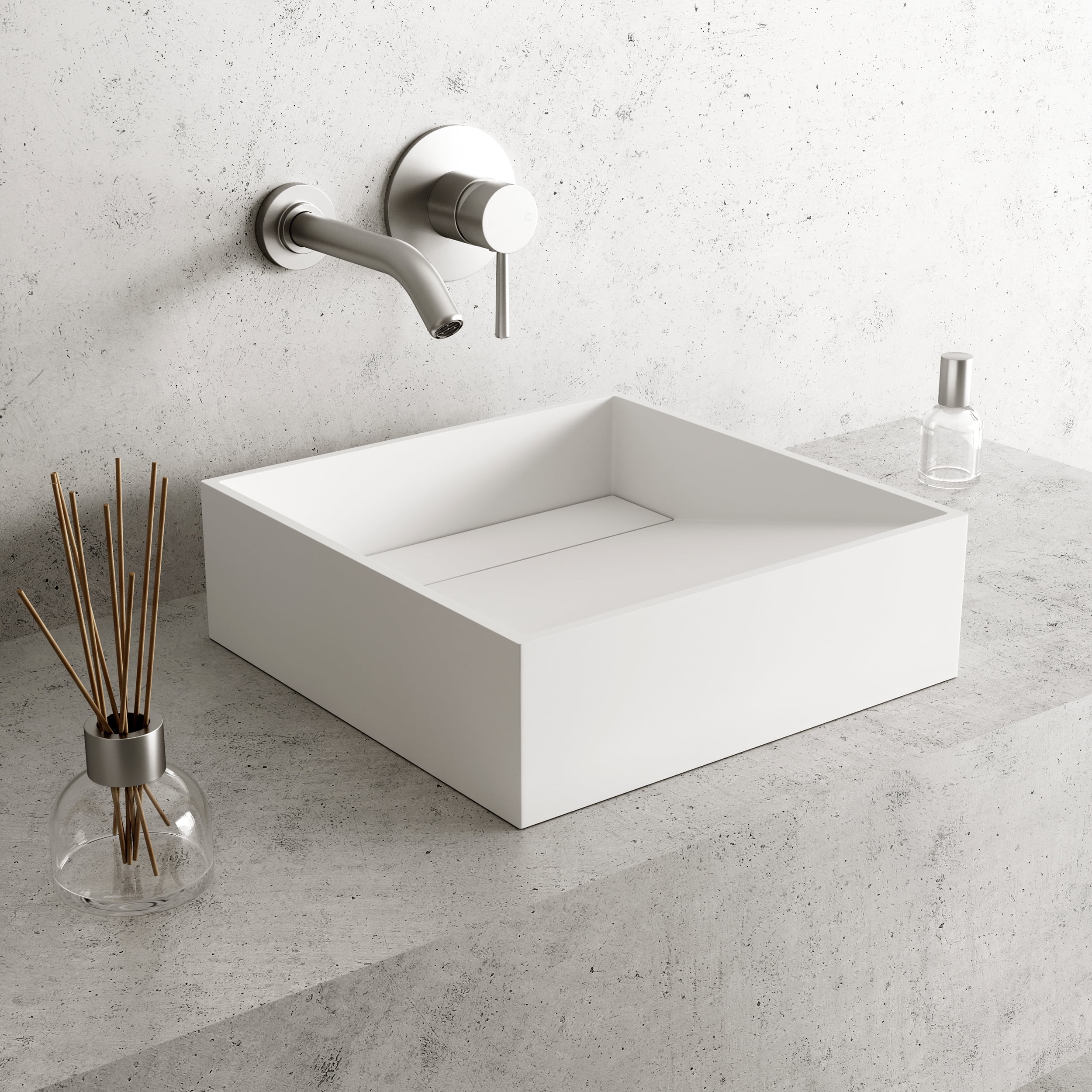 VIGO Starr Modern White Matte Stone 15 in. L x 15 in. W x 5 in. H Square Vessel Bathroom Sink