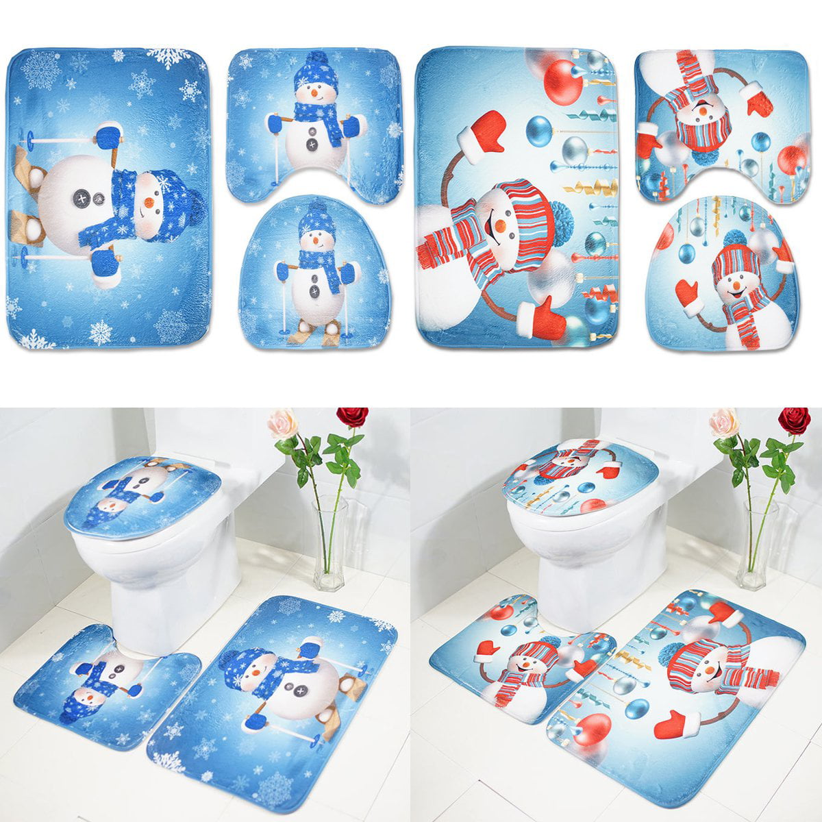 Christmas Decorations 3Pcs Snowman Toilet Seat Covers Xmas Bathroom Rug Mat 