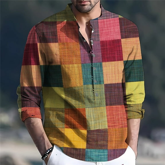 NaWent 2024 Linen Shirts for Men Henley Long Sleeve Casual Banded Collar Button Vintage Beach Hawaiian T Shirt Yellow 10(XL)