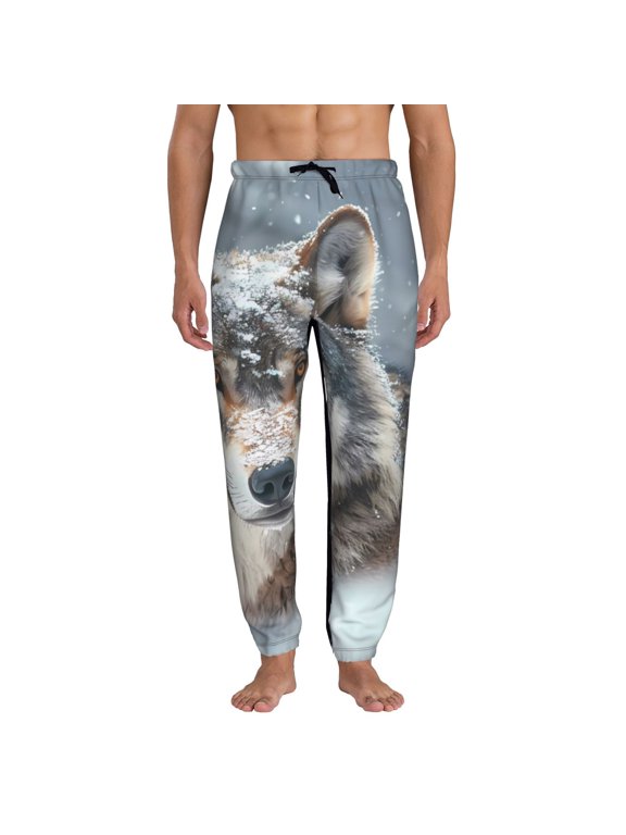 Majestic Snowy Wolf Print Active Tech Joggers for Men, Mens Sweatpants Lounge Pants with Pockets-Small