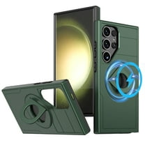 ELEHOLD for Samsung Galaxy S24 Ultra Magnetic Case,Rugged Hard PC Protective Case with Rotation Ring Holder Kickstand Sliding Camera Protector Compatible with Mag Safe for Samsung S24 Ultra,Darkgreen