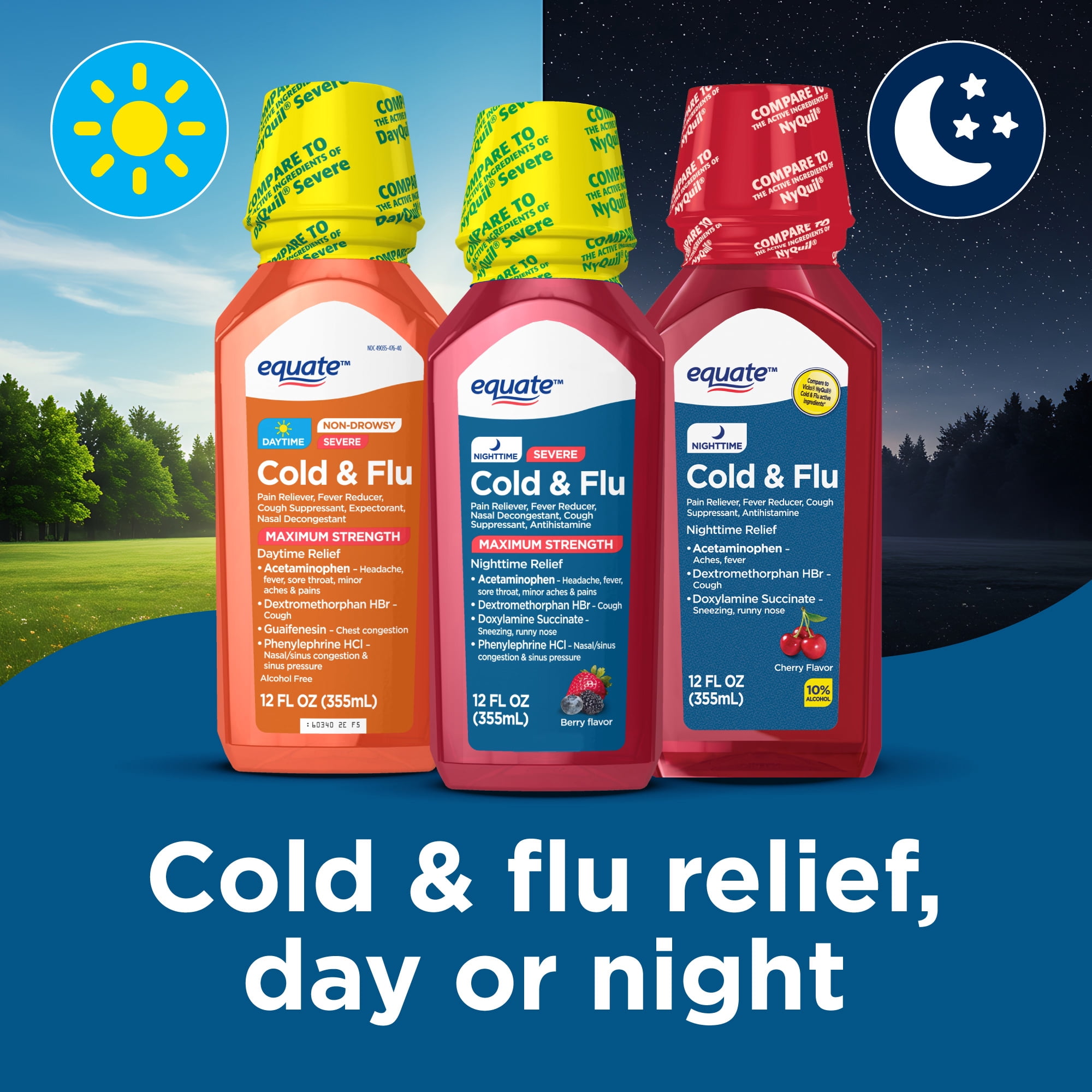 Equate Nighttime Cold and Flu Relief Liquid, Cherry Flavor, 12 Fl Oz, Compare to Vicks® NyQuil® Cold & Flu Active Ingredients