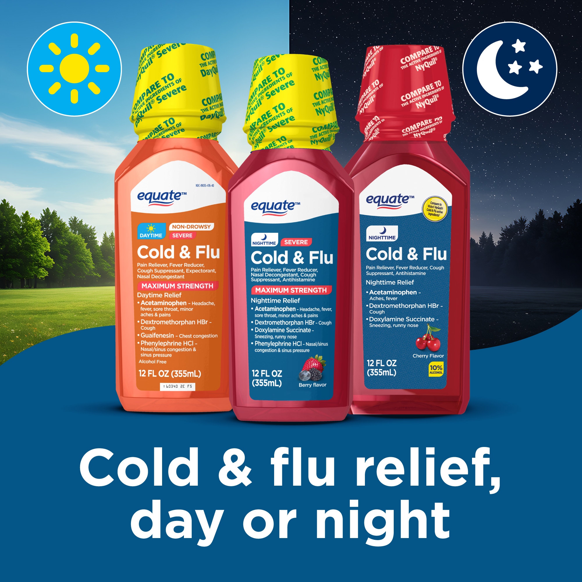 Medicamento para resfriado y gripe nocturno de máxima resistencia Equate, Sabor a bayas, 12 fl oz, para adultos, comparable a los ingredientes activos de Vicks NyQuil Severe 8
