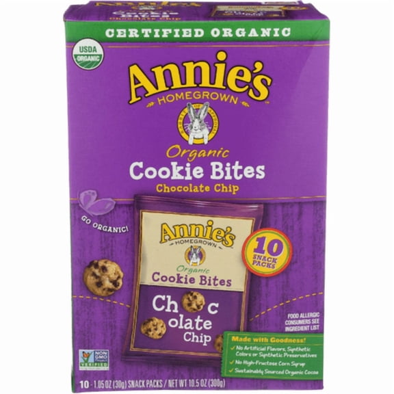 Annie's Homegrown Organic Chocolate Chip Cookie Bites 10 Snack Packs 1.05 oz - Pack of 2