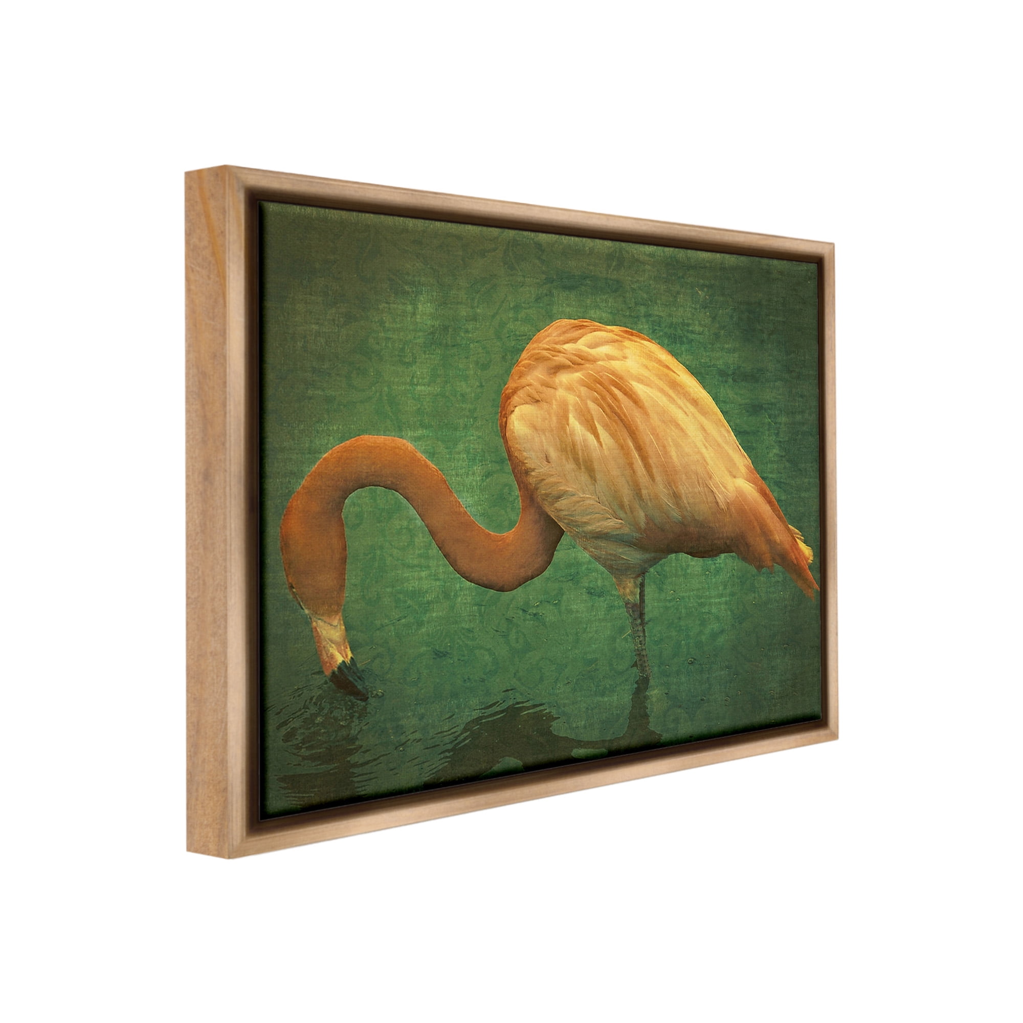 Stupell Industries Dark Flamingo in Pond Animals & Insects Painting Brown Floater Framed Canvas Art Print Wall Art, 21 x 17