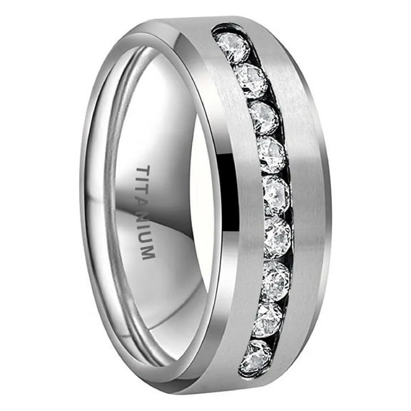 8 MM Men's Titanium ring wedding band with 9 large Channel Set Cubic Zirconia CZ