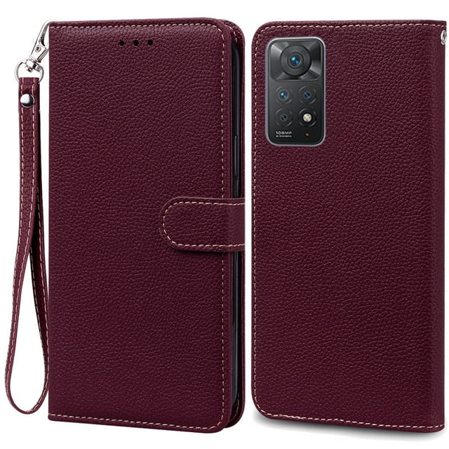 Note 11 Case For Xiaomi Redmi Note 11 11S Case Leather Wallet Flip Case For Redmi Note 11 Pro Phone Cases Note 11S Cover Fundas Wine Red -Strap Note 11S