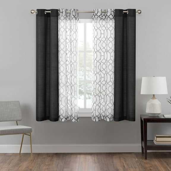 Mainstays Solid Curtain and Print Sheers Set, 4 Panels, Black, 27.5" W x 63” L