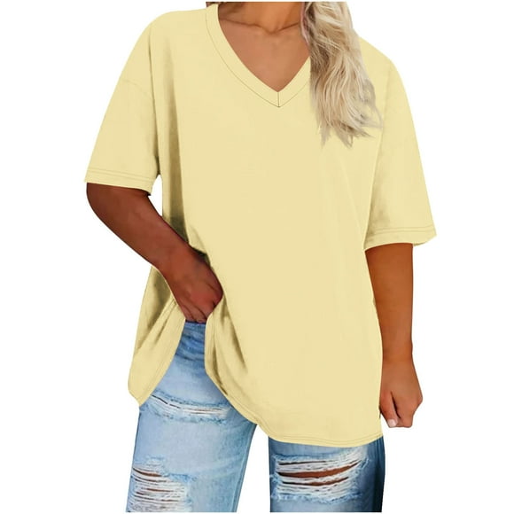 FAIWAD Hauts pour Femmes Été Grande Taille Décontracté Col en V Manches Courtes Épaules Tombantes T-Shirt Ample Confortable Tunique Basique Hauts