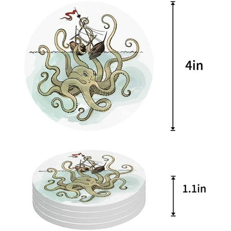 

FMSHPON Octopus Set of 4 Round Coaster for Drinks Absorbent Ceramic Stone Coasters Cup Mat with Cork Base for Home Kitchen Room Coffee Table Bar Decor