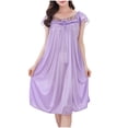 thumbnail image 3 of Fengqque Women Lace Trim Bow Front Flutter Sleeve Ice Silk Midi Nightgown Loose Solid Color Sleep Dress Purple-A XL, 3 of 6