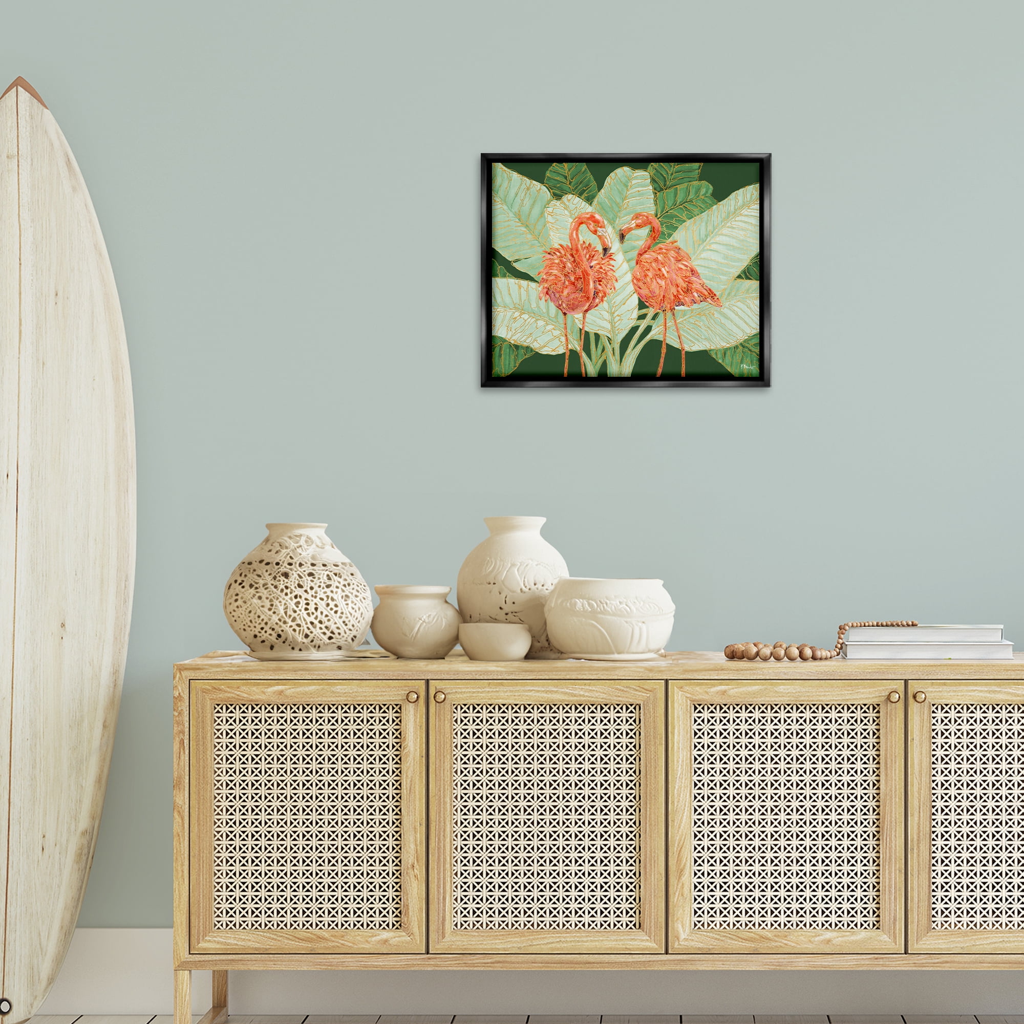 Stupell Industries Martinique Flamingos & Leaves Animals & Insects Painting Black Floater Framed Canvas Art Print Wall Art, 21 x 17