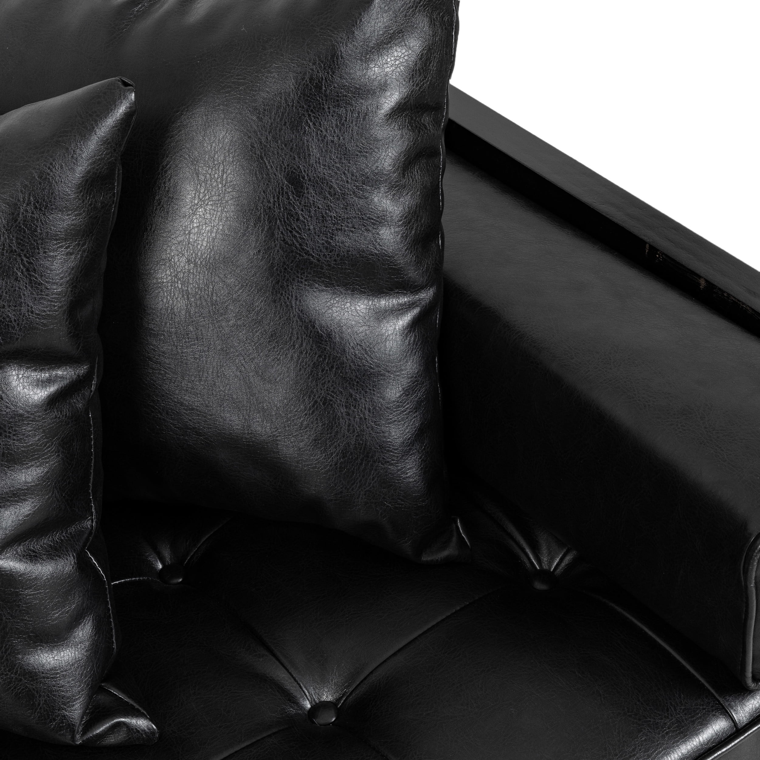Noble House Gould Faux Leather Upholstered Oversized Loveseat with Accent Pillows, Midnight Black and Black