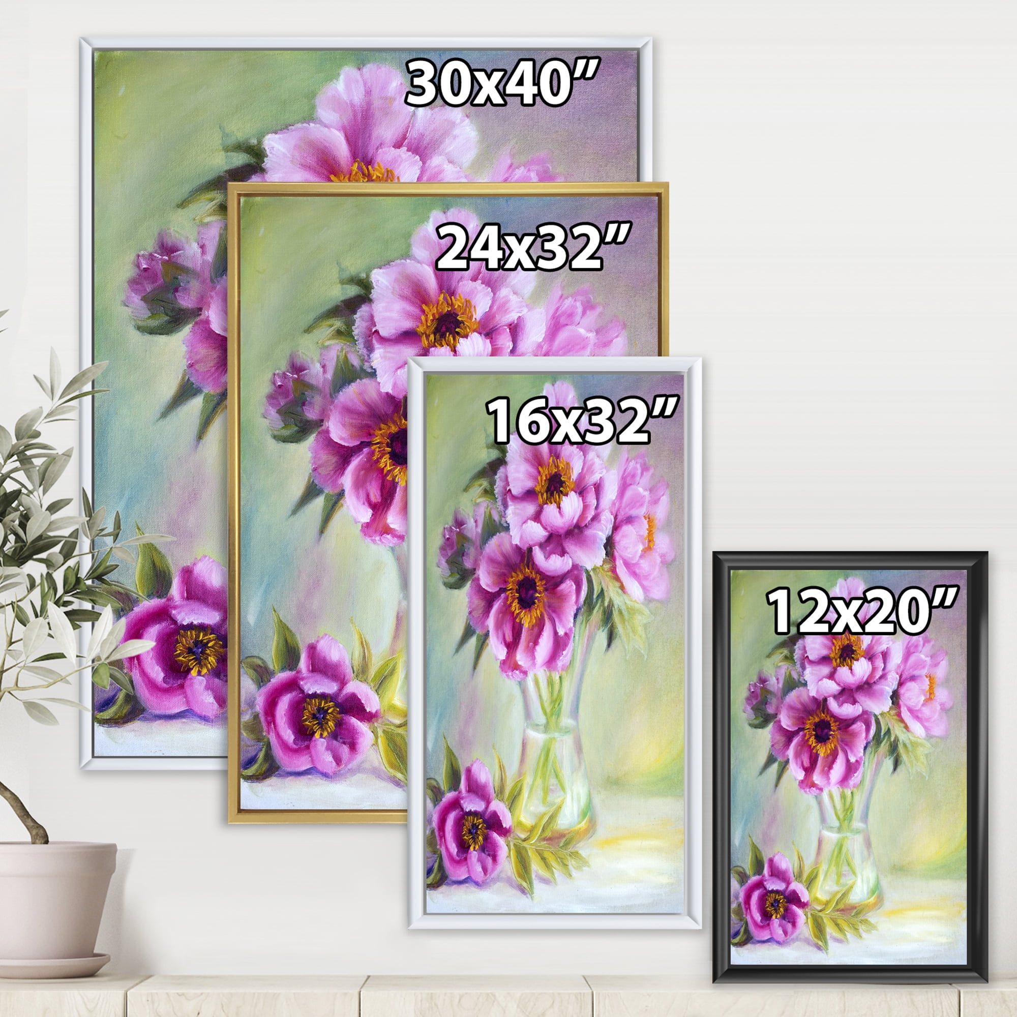 Purple Peonies In Vase Still Life 30 in x 40 in Framed Painting Canvas Art Print, by Designart