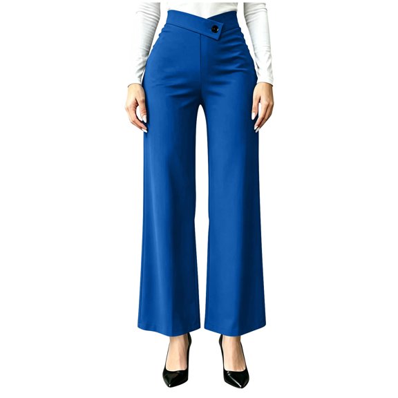 Edvintorg Womens Dress Pants Plus Size Fashion High Waisted Business Dressy Wide Leg Trousers With Buttons Women Work Pants Blue XXXL
