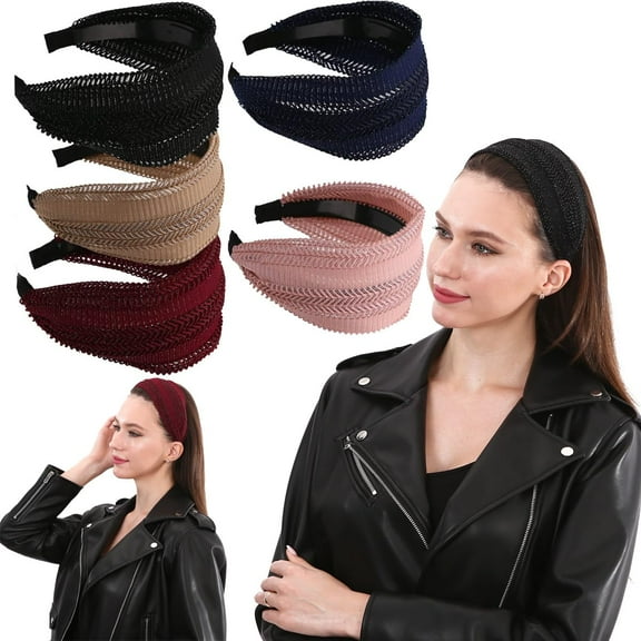 LinYooLi 5 Pack Glitter Wide Headbands for Women Hard Hair Band Velvet Fabric with Teeth for Girls Hair Accessories (5pcs Hollow-out Mix Color)