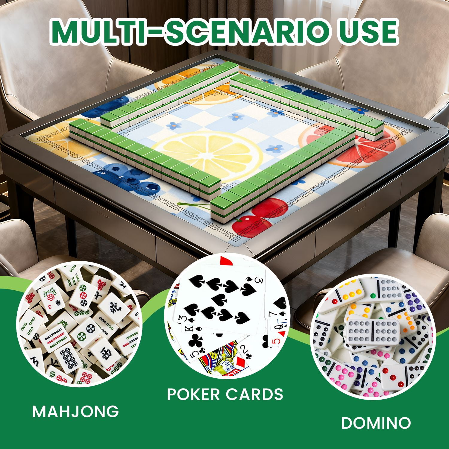 Mahjong Mat 31.5" x 31.5" Colorful Fruit Checkered Citrus Berries Non-Slip Noise Reduction American Mahjong Tiles Table Cover for Dominoes Poker Card Board Games Gift