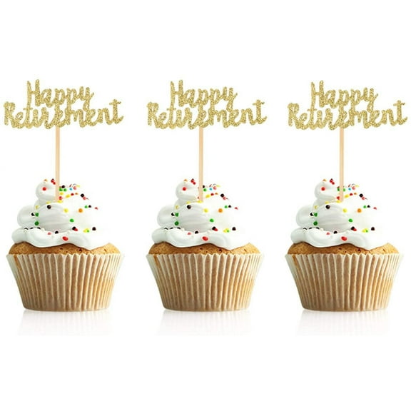 12pcs Gold Glitter Happy Retirement Cupcake Toppers Retirement Party Cake Decorations