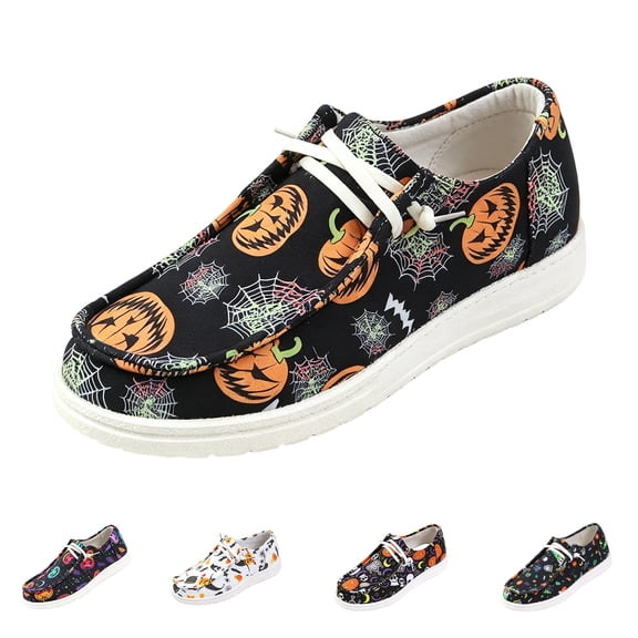Bbyeadc Women's Halloween Print Canvas Sneakers Lace Up, Pumpkin Spider Web Pattern Casual Shoes, Cute Festival Loafers Flat Footwear,Orange (43)