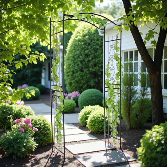 Tcbosik Wrought Iron Garden Arbor with Bridge Roof, 7.5FT Black Plant Trellis for Climbing Roses & Vines, Powder Coated Rust-Resistant Outdoor Decor, Easy Stake Installation