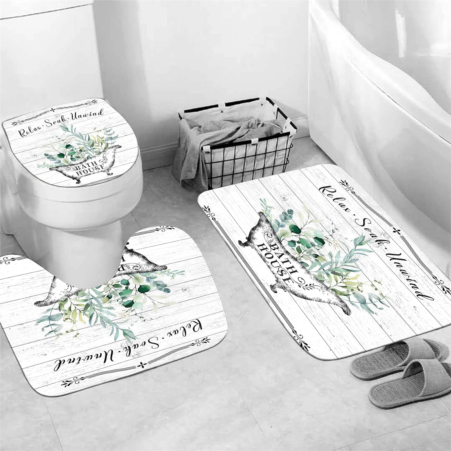 4 Pcs Floral Shower Curtain Flowers Leaves Bathroom Sets with Shower Curtain and Rugs Vintage Farmhouse Bathroom Decor Country Bathtub on Rustic Wood Backdrop Bathroom Rugs Mat Toilet Lid Cover